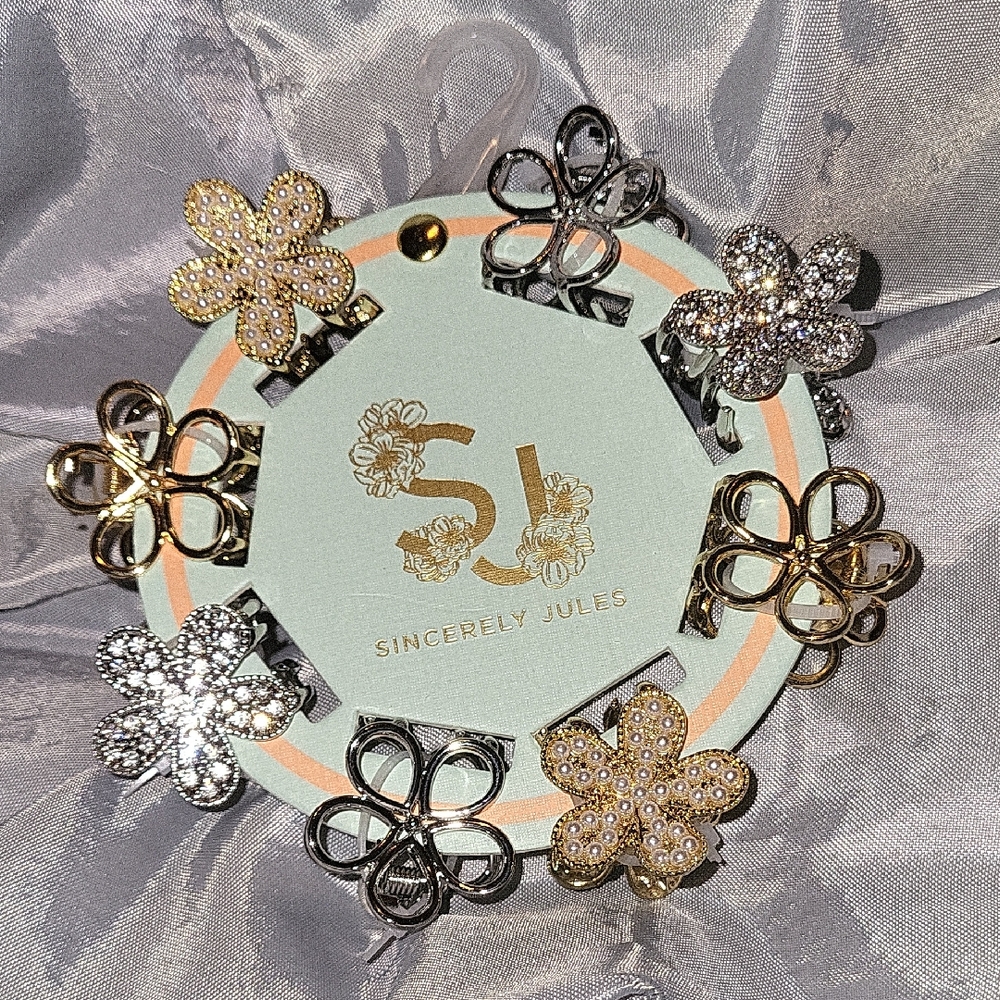 Sincerly Jules Gold and Silver Floral Gem Pearl Detail Hair Clips Bnwt Lp